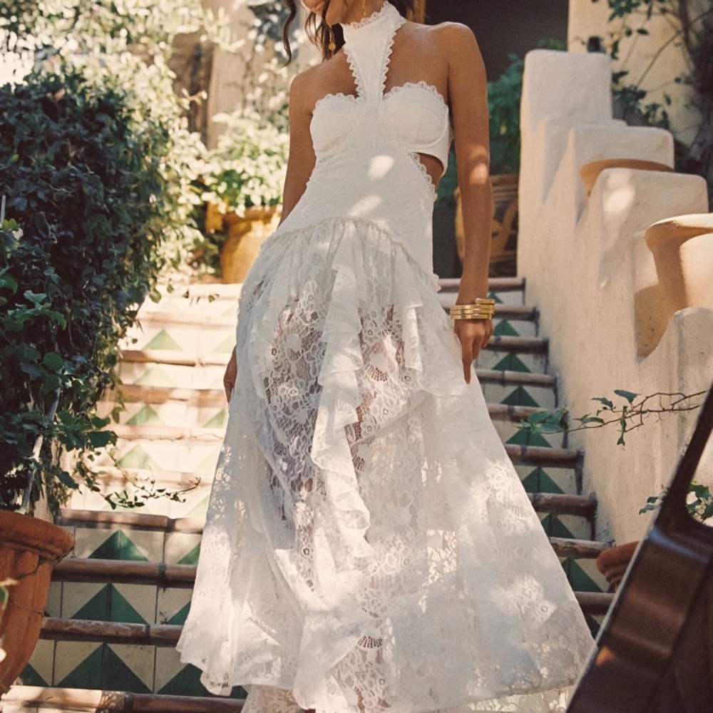 12th Tribe Princesa White Lace Drop Waist Maxi Dress